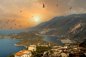 Photo of majestic panoramic aerial view of seaside resort city of Kas in Turkey.