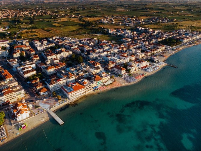 Photo of aerial view over the coastal town of Paralia Katerini, Greece.