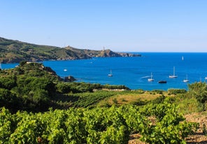 Photo of aerial view of Collioure, beautiful coastal village in the south of France.