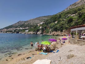 Photo of panoramic aerial view of the old town of Dubrovnik, Croatia seen from Bosanka viewpoint on the shores of the Adriatic Sea in the Mediterranean Sea.