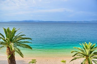 Photo of aerial view of gorgeous azure scene of summer Croatian landscape in Podgora, Dalmatia, Croatia.