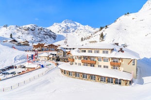 Photo of aerial view of Obertauern mountain village in winter season, Austria.