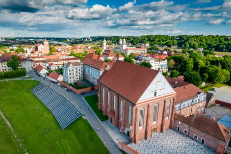 Aerial view of Kaunas city town hall during bright summer day.
