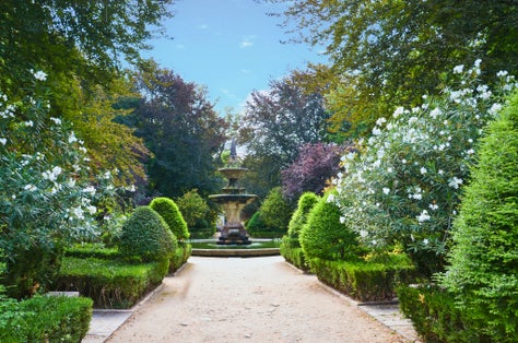 Beautiful path leading to fountain in the Botanical Garden of the University of Coimbra in Portugal. The garden was founded in the 18th century and belongs to the most popular spots in the city.