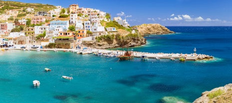 Photo of aerial view of the old Venetian harbor of Rethimno, Crete, Greece.