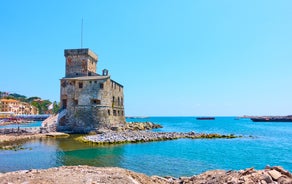 Photo of panoramic aerial view of town Rapallo in Liguria, Italy.