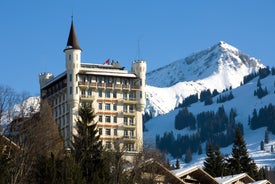 photo of an aerial view of Gstaad in winter. Village and holiday resort in the Swiss Alps.