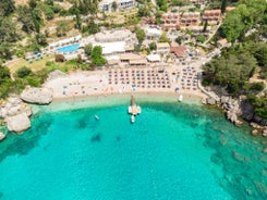 Photo of aerial view of Palaiokastritsa beach on Corfu islands, Greece.