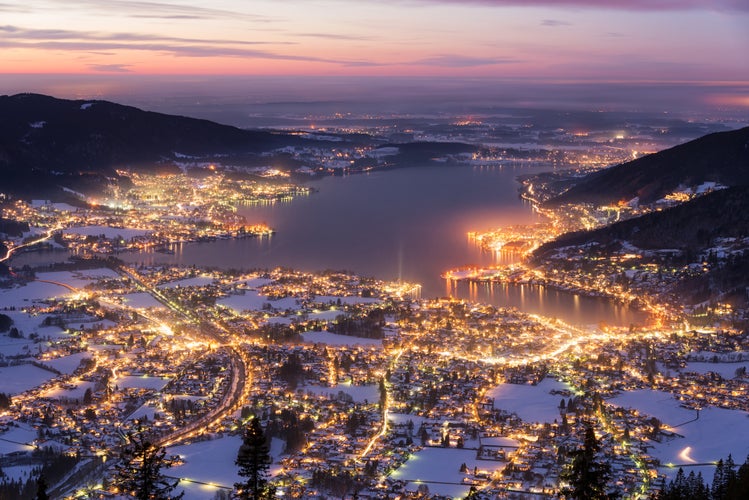 photo of view of Lake Tegernsee after sunset photographed from mount Wallberg, Bavaria, Germany.