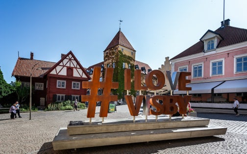 I Love Visby sign in Donners Square in Visby, Gotland, Sweden.