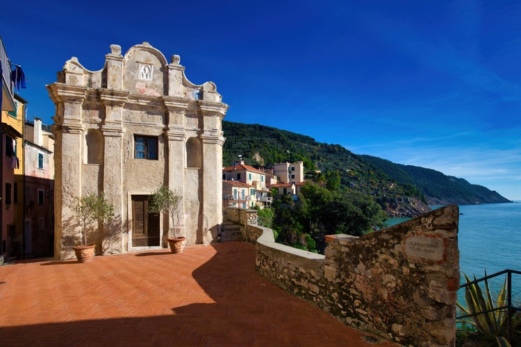 Ancient little church in the old town of Telllaro, a typical village in the Gulf of La Spezia, Italy