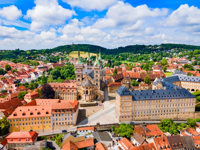 Bamberg old town aerial panoramic view. Bamberg is a town on the river Regnitz in Upper Franconia, Bavaria in Germany.