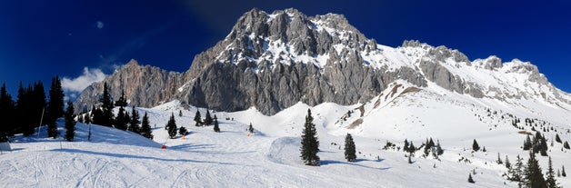 Photo of a view of the Alps from the Ehrwald, a town on the border of Germany and Austria with picturesque meadows surrounded by towering mountain ranges, including the Zugspitze.