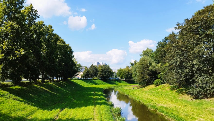 Photo of the Lublin people's park and the Bystrzyca River, Poland.