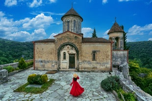 Photo of the ruins of the old Soviet sanatorium Medea, whose architecture which is basically a synthesis of Stalinist period classical style, Tskaltubo, Georgia.