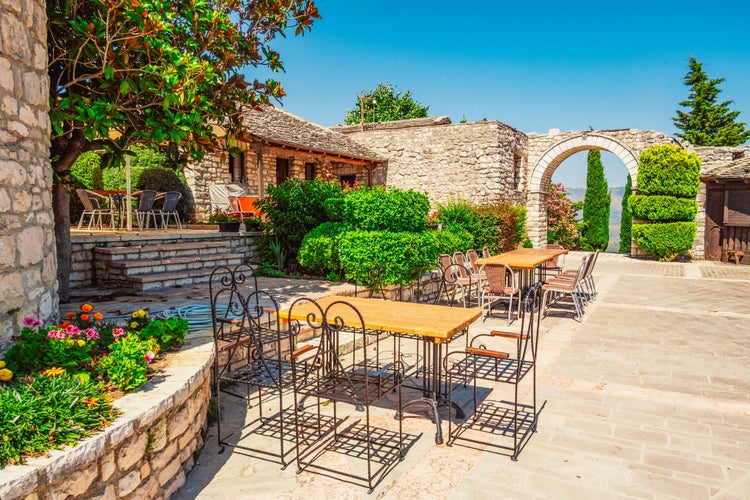 photo of the Lekuresi Castle Restaurant on top of a mountain near Saranda, South Albania. Albania beach riviera.