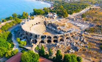 Photo of aerial view of Foca, the beautiful and charming holiday town of Izmir, Turkey.