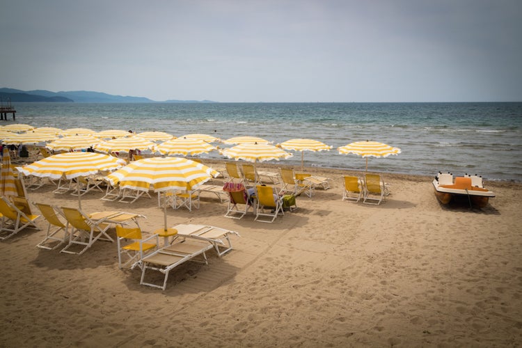 Golden beach with umbrellas and beach chair. Follonica, Grosseto, Italy