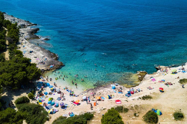 Kamenjak Njive beach , Premantura, Istria , Croatia. Aerial drone photo , summer 