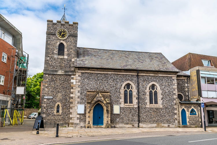 A view towards Saint Pancras church in the center of Chichester, Sussex in summertime