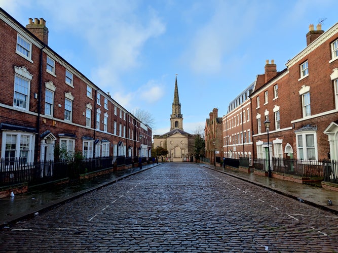 Photo of George Street in Wolverhampton with St. John's church in the background, England.