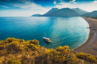 Photo of aerial view of the town of Kemer and sea from a mountain, Turkey.