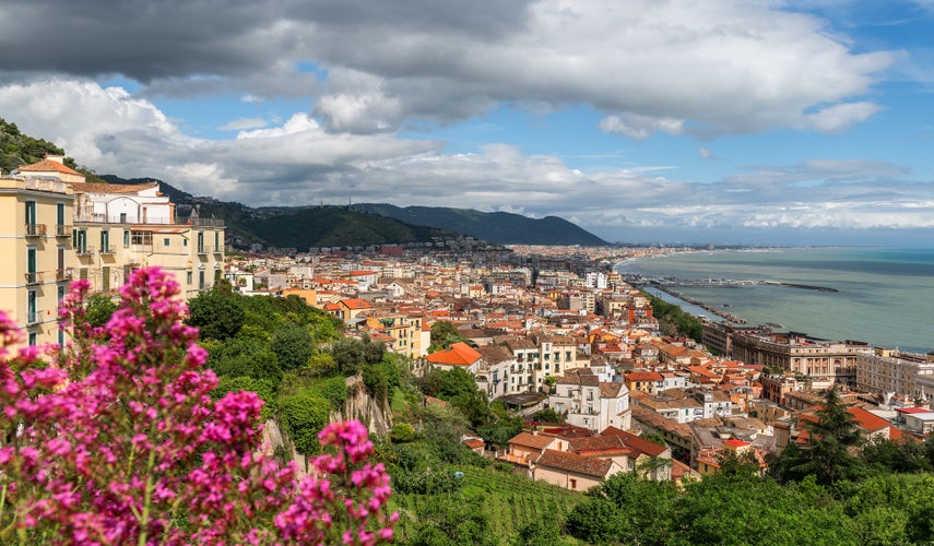 photo of view of Aerial view of the Italian city of Salerno. Salerno is a city and port on the Tyrrhenian Sea in southern Italy, the administrative center of the Salerno province of the Campania region.