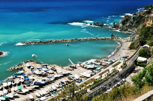 Photo of aerial view of Levanto or Levante, a beautiful fishing village in Liguria, Italy.