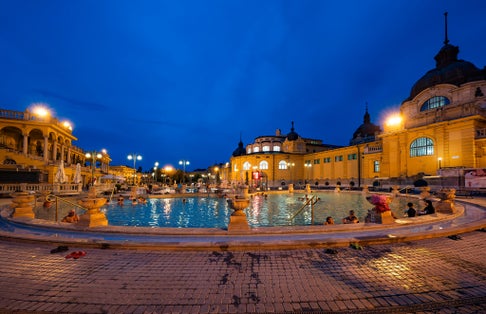 Photo of Szechenyi thermal bath at night, Budapest, Hungary.