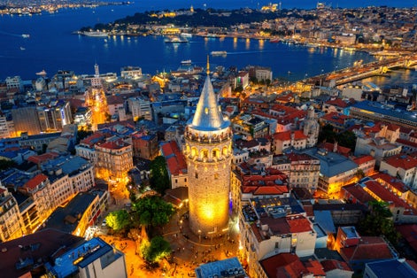 Galata tower at night in Istanbul, Turkey.