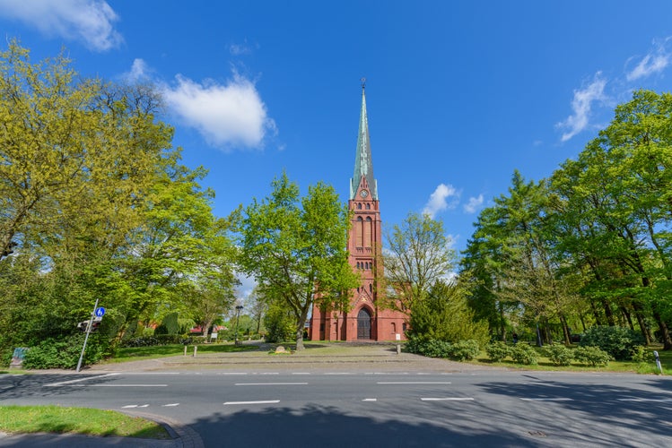 View of the Ohmsteder Kirche, Oldenburg, Germany. Copy space for text