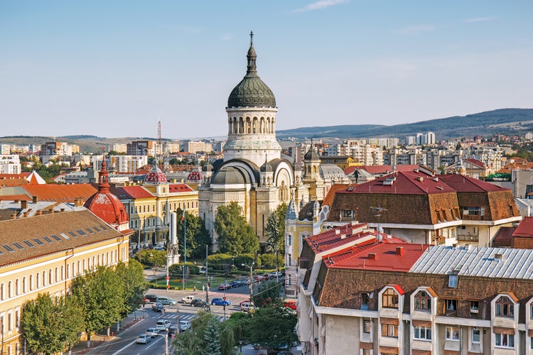 Panorama of Cluj Napoca with The Dormition of the Theotokos Cathedral, Transylvania, Romania.