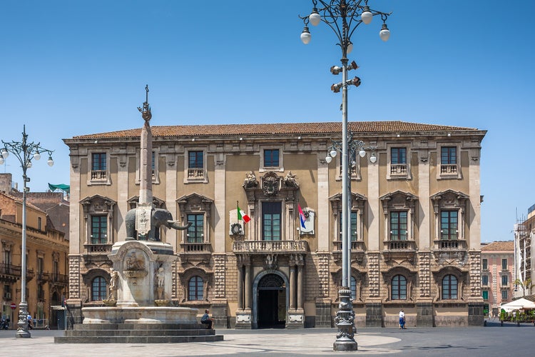 Catania town main square center (Piazza del Duomo) with the Elephant statue the symbol of the city in Sicily, Italy