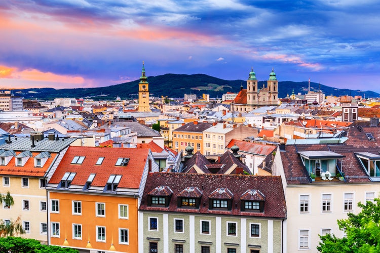 Photo of scenic aerial view of Linz, Austria.