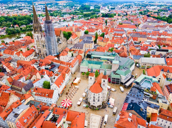 Regensburg aerial panoramic view. Regensburg is a city at Danube river in Bavaria, Germany