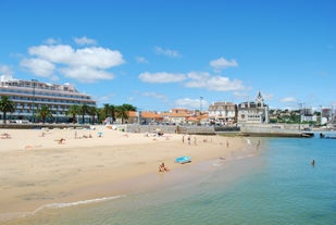 Photo of aerial view of Estoril coastline near Lisbon in Portugal.