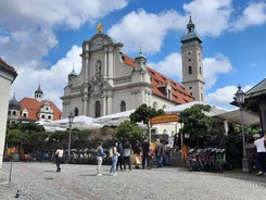 Aerial view on Marienplatz town hall and Frauenkirche in Munich, Germany.