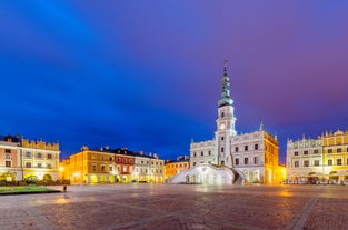 Photo of panoramic aerial view of Mikolajki townscape capital of Masurian region on the shore, Poland.