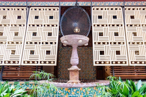 Photo of Terrace on the facade of Casa Vicens in Barcelona. Casa Vicens in Barcelona is the first masterpiece of Antoni Gaudí. Built between 1883 and 1885 as a summer house for the Vicens family.