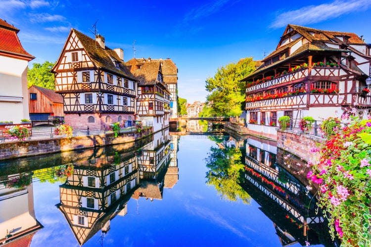 Photo of traditional half timbered houses, Strasbourg, Alsace, France. 