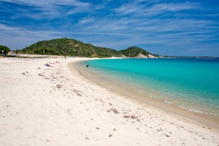 Photo of view of beautiful sandy Campulongu beach, Sardinia island, Italy.