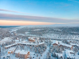 Rovaniemi Finland, panorama of the city with Kemijoki river in the back and Ounasvaara fell with the city heart at the left.