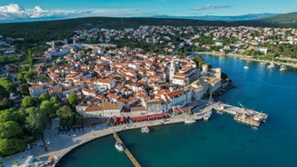 Photo of panoramic aerial view of Baska town, Krk, Croatia.