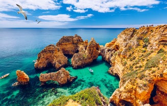 Photo of aerial view of Beautiful Portuguese beaches Armacao de Pera, Portugal.