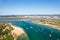 Aerial view of the Tavira Island beach, a tropical island near the town of Tavira, part of the natural park of Ria Formosa in Algarve region of south Portugal