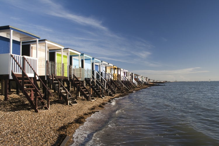 Beach Huts along the sea front at Thorpe Bay, near Southend-on-Sea, Essex, England