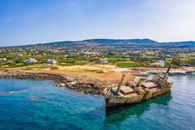 Photo of aerial view on clear blue water of Coral bay in Peyia, Cyprus.