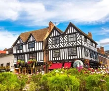 Photo of aerial view of Stratford-Upon-Avon, Warwickhire, England, the birthplace of William Shakespeare.