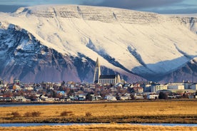 Panoramic view of Reykjavik, the capital city of Iceland, with the view of harbor and mount Esja.