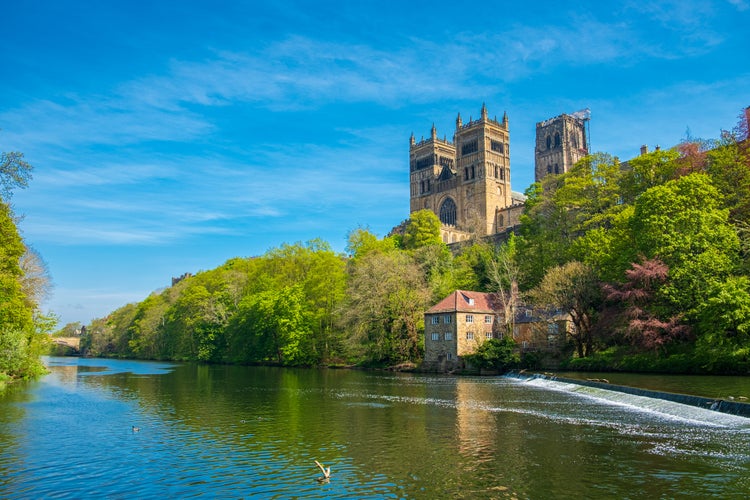 photo of view of Durham Cathedral and River Wear in Spring in Durham, United Kingdom.